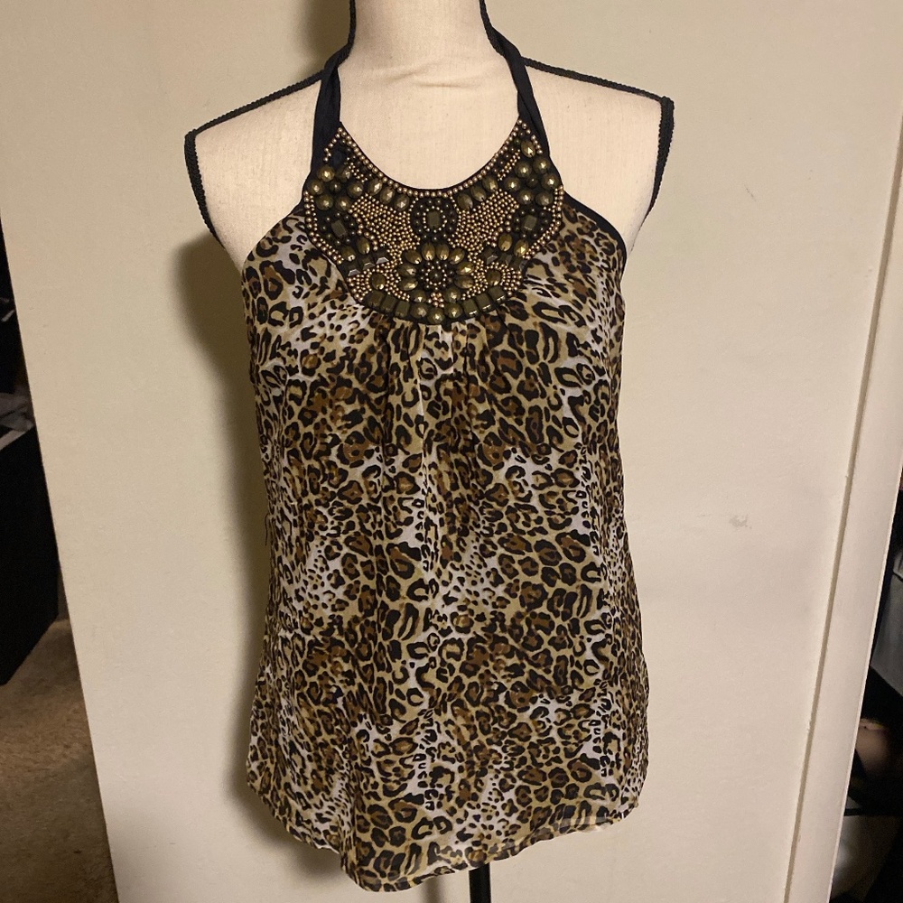 bebe Leopard Print Beaded Halter Top Size M